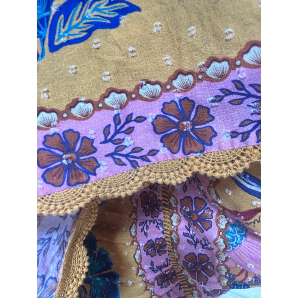 Farm Rio Yellow Floral Tiered Maxi Skirt Clip Dot Boho Crochet Trim Womens M - Picture 9 of 10